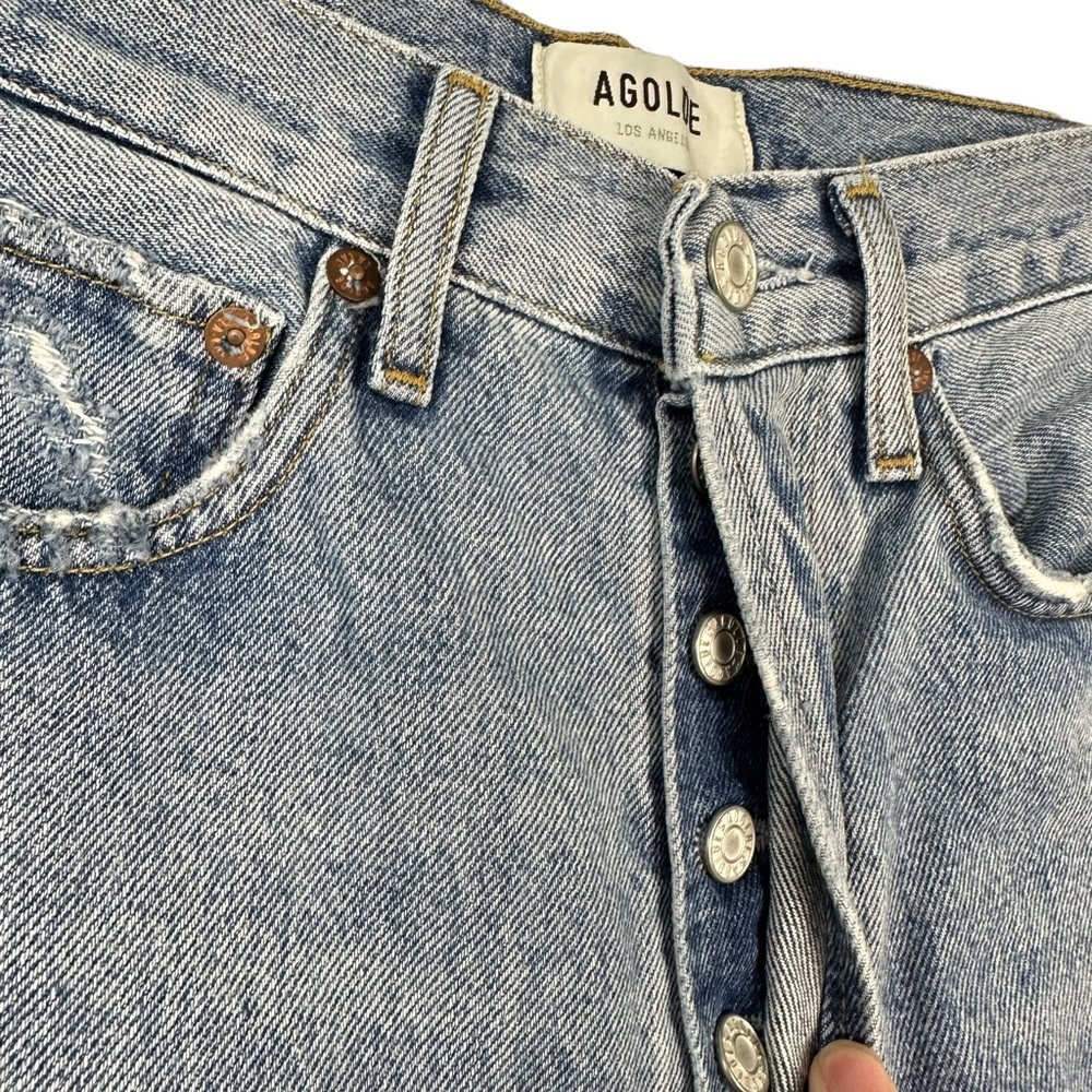 NWT Agolde Sz 23 Women's Blue Distressed Button Fly 90s Crop Jeans - Picture 6 of 15